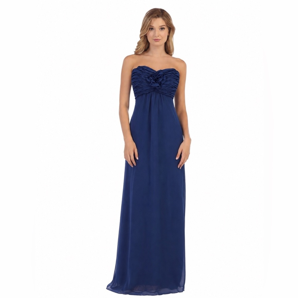 Boden 100% Silk Strapless Maxi Dress Blue Ruched Flower Embellishment Size 8